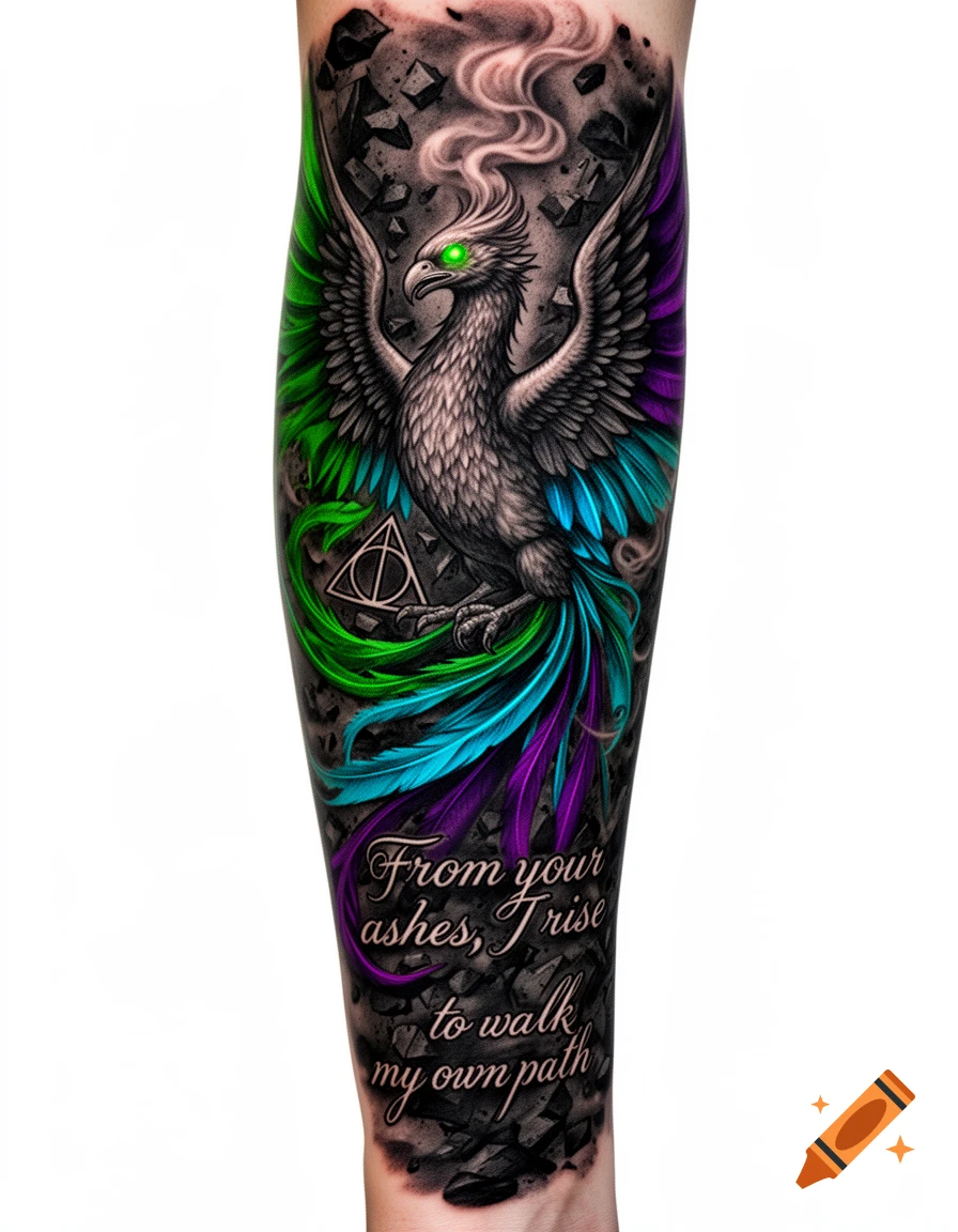 Detailed forearm tattoo of a majestic Phoenix with emerald green eyes and vibrant green, blue, and purple wings, rising from shattered ashes, with the Deathly Hallows symbol and text 'From your ashes, I rise to walk my own path.'
