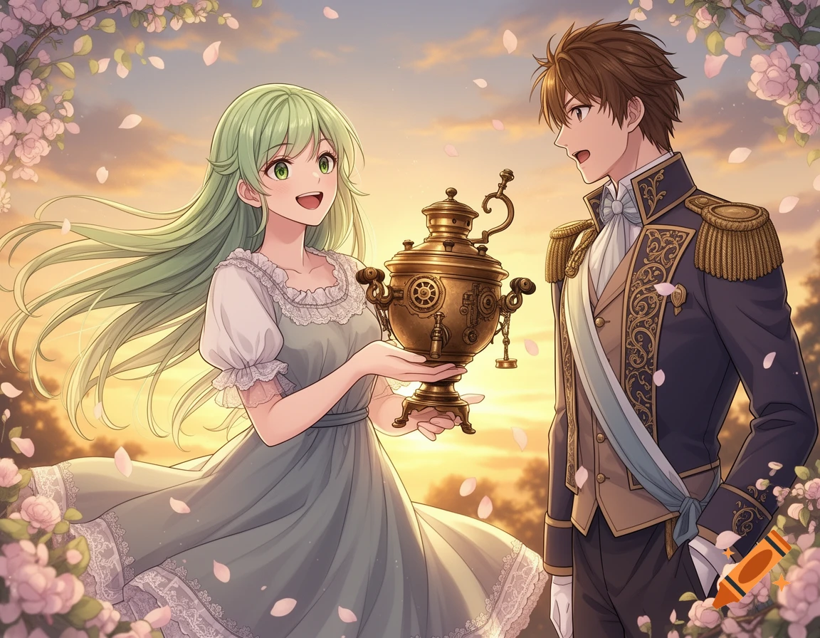 Anime scene with a green-haired woman presenting a steampunk samovar to a brown-haired prince in a flowery garden at sunset.