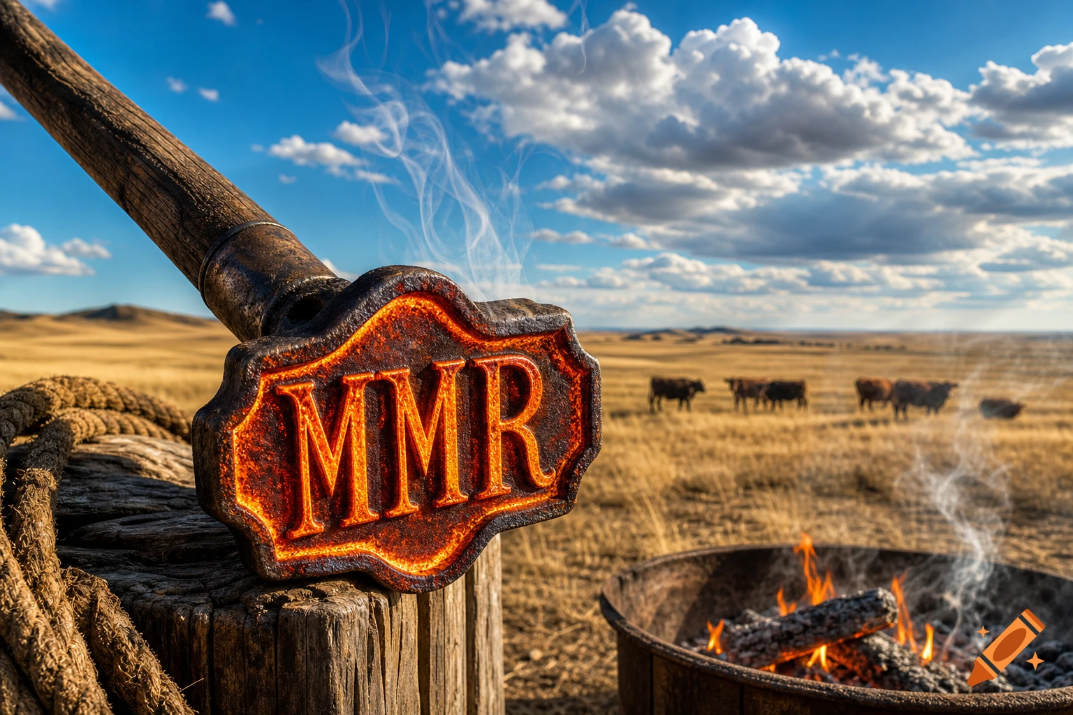 A glowing hot branding iron with 'MMR' is held over a campfire in a dry field with cattle under a blue sky.