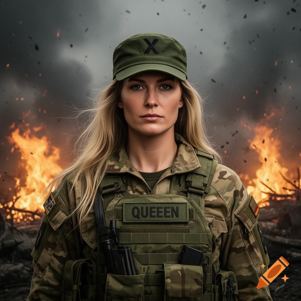 Photorealistic portrait of a blonde woman soldier in military uniform with an 'X' cap and 'QUEEEN' name tag, against a fiery, smoky battle background.