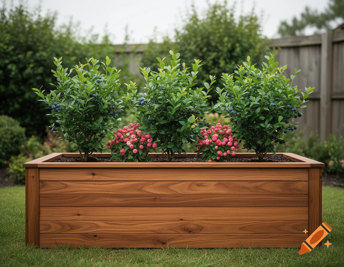 A wooden raised garden bed on green grass contains three blueberry bushes with blue berries and two clusters of pink flowers.