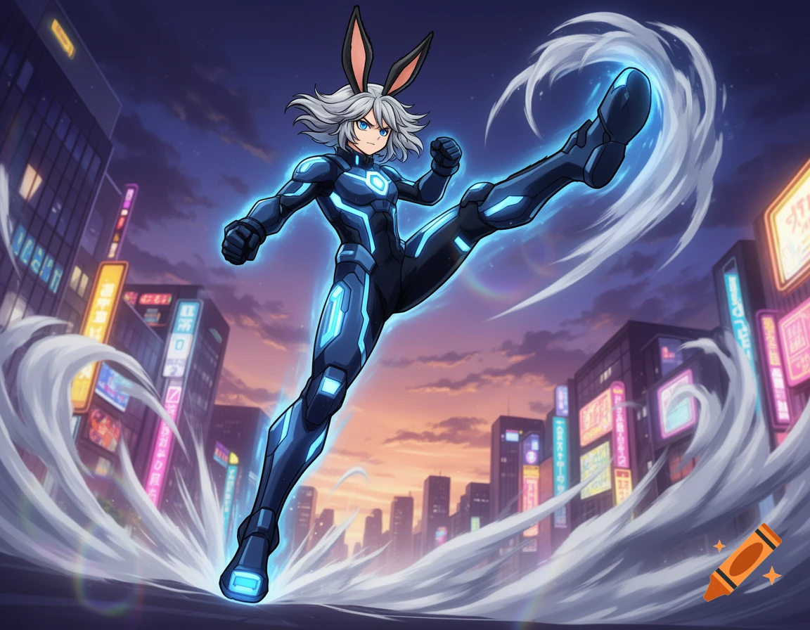 A gray-haired anime character with bunny ears in a glowing blue and black suit performs a high kick in a neon-lit city.
