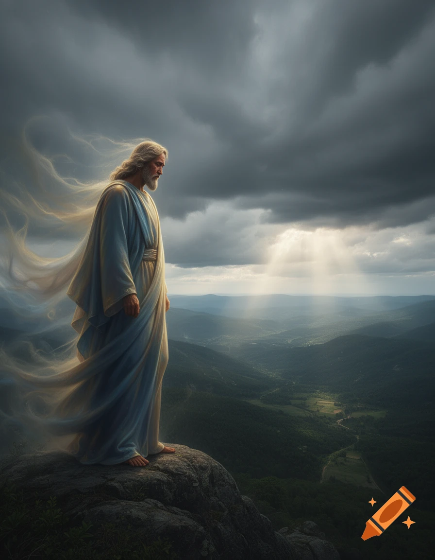 A robed, bearded figure resembling Jesus stands on a mountaintop, looking over a vast valley under dramatic stormy skies with sun rays breaking through.