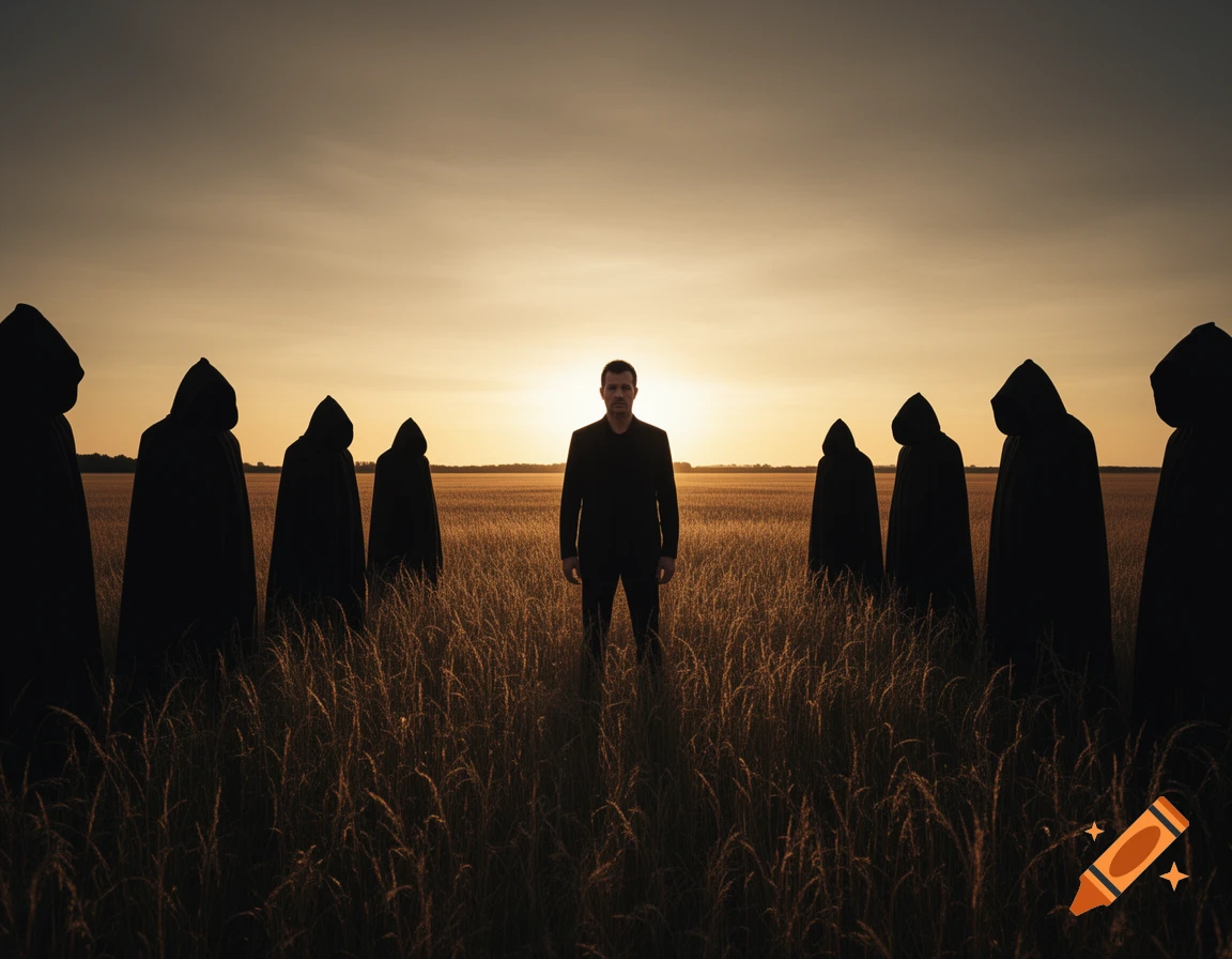 A man stands in a golden field at sunset, surrounded by several silhouetted figures in black cloaks.