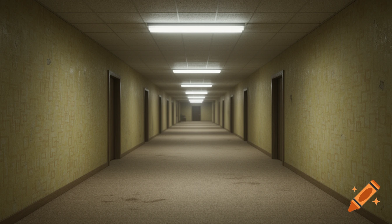 A long, empty, unsettling hallway with yellow textured walls, a tan carpet, and fluorescent lights receding into the distance.