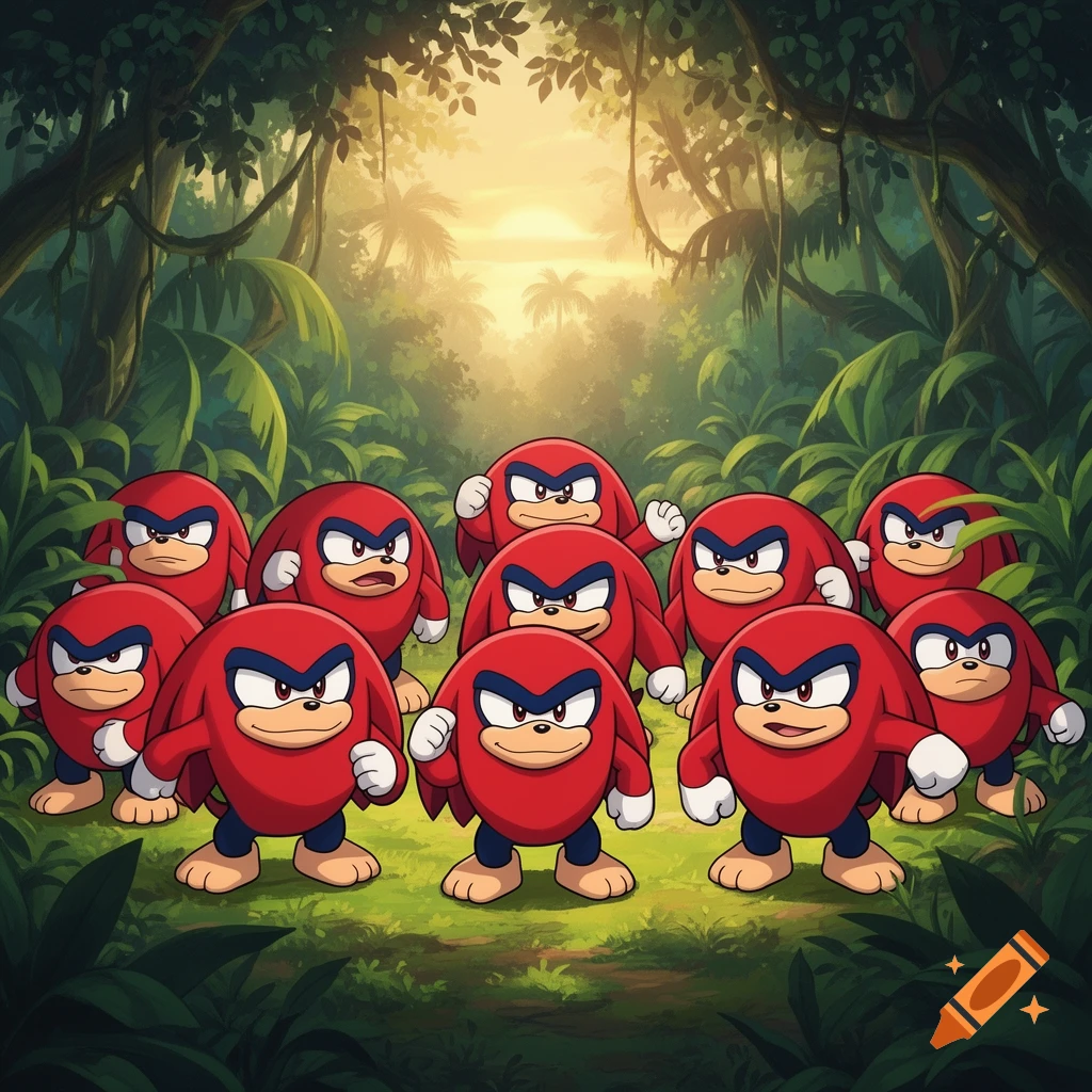A group of many red, round, cartoonish Knuckles characters with blue markings on their faces stand in a lush jungle with a bright sky.