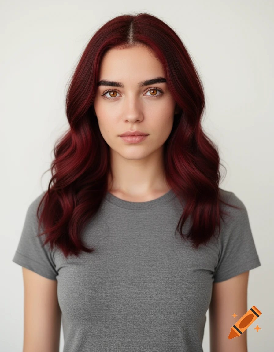 Photorealistic portrait of a young woman with long reddish-brown wavy hair, honey-brown eyes, and a grey t-shirt.