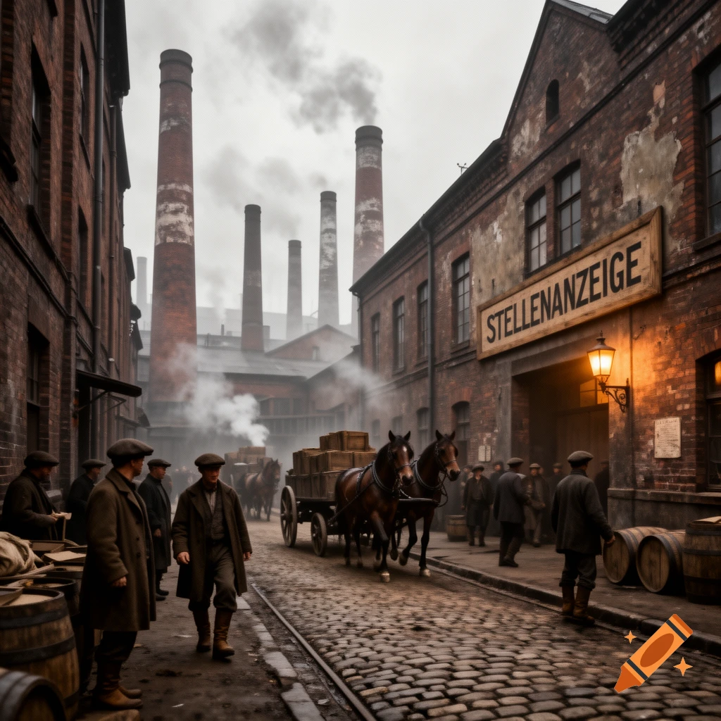 A historic industrial cityscape with factory smokestacks, workers, and horse-drawn carts on a cobblestone street, a sign reads 'STELLENANZEIGE'.