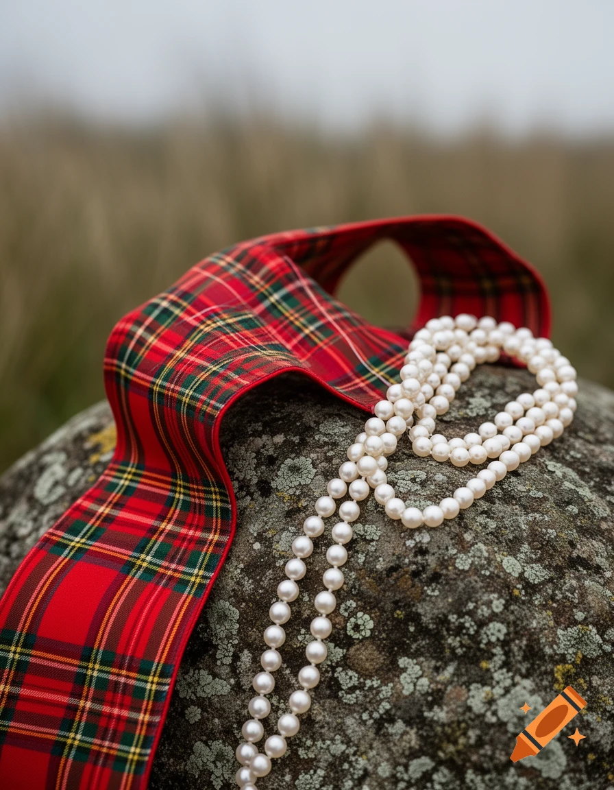 A red tartan ribbon curls on a mossy rock, with several strands of white pearls draped next to it in a soft outdoor setting.