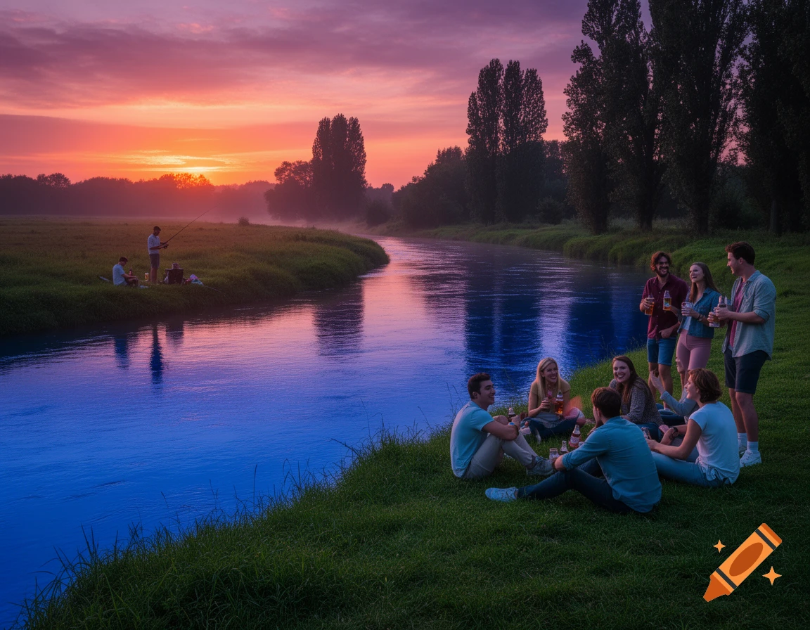 A group of friends having a picnic by a blue river at a vibrant sunset, with two men fishing in the distance.