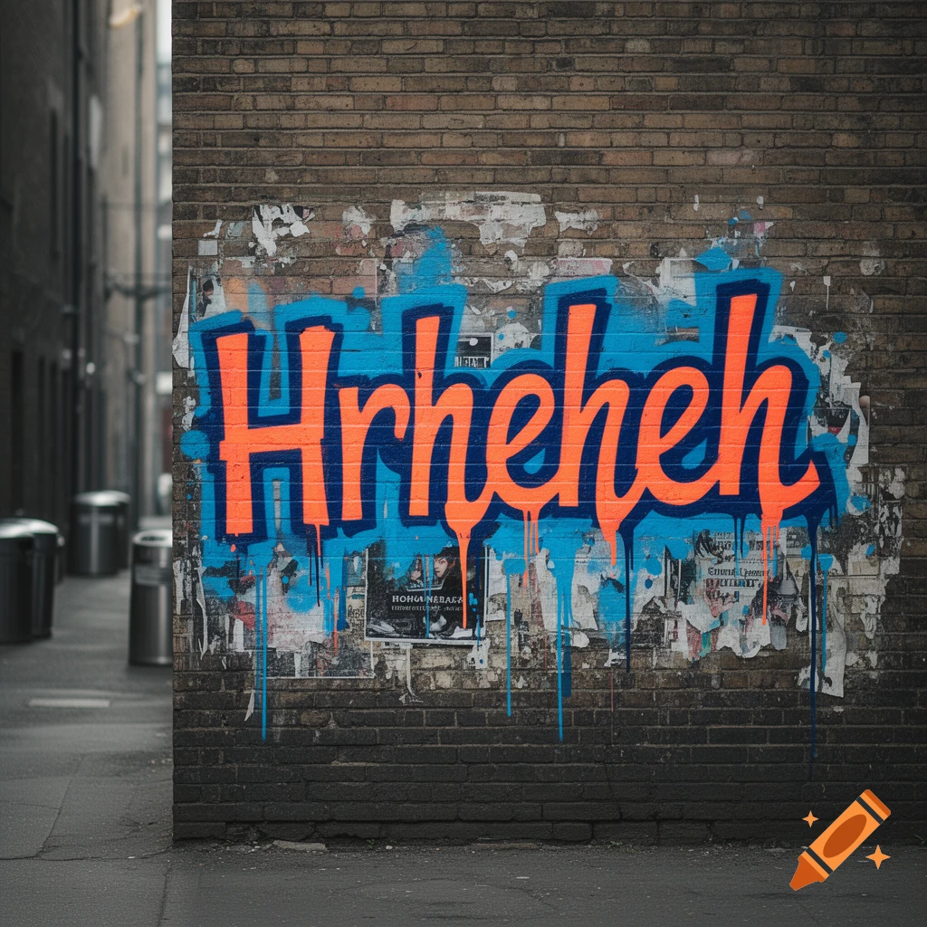 Bright orange and blue graffiti spelling 'Hrheheh' on a brick wall covered in torn posters in a dark alleyway.