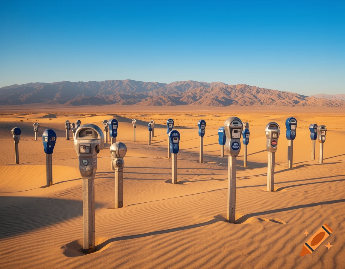 Photorealistic image of many parking meters standing in a vast desert landscape with sand dunes and mountains under a clear blue sky.