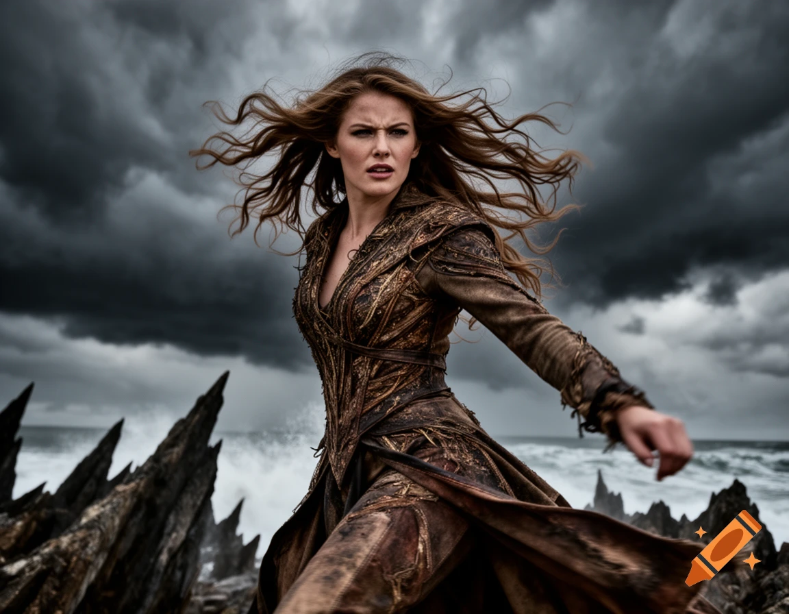 A determined woman in a brown warrior outfit with windswept hair stands against a stormy sky and rocky coastline.