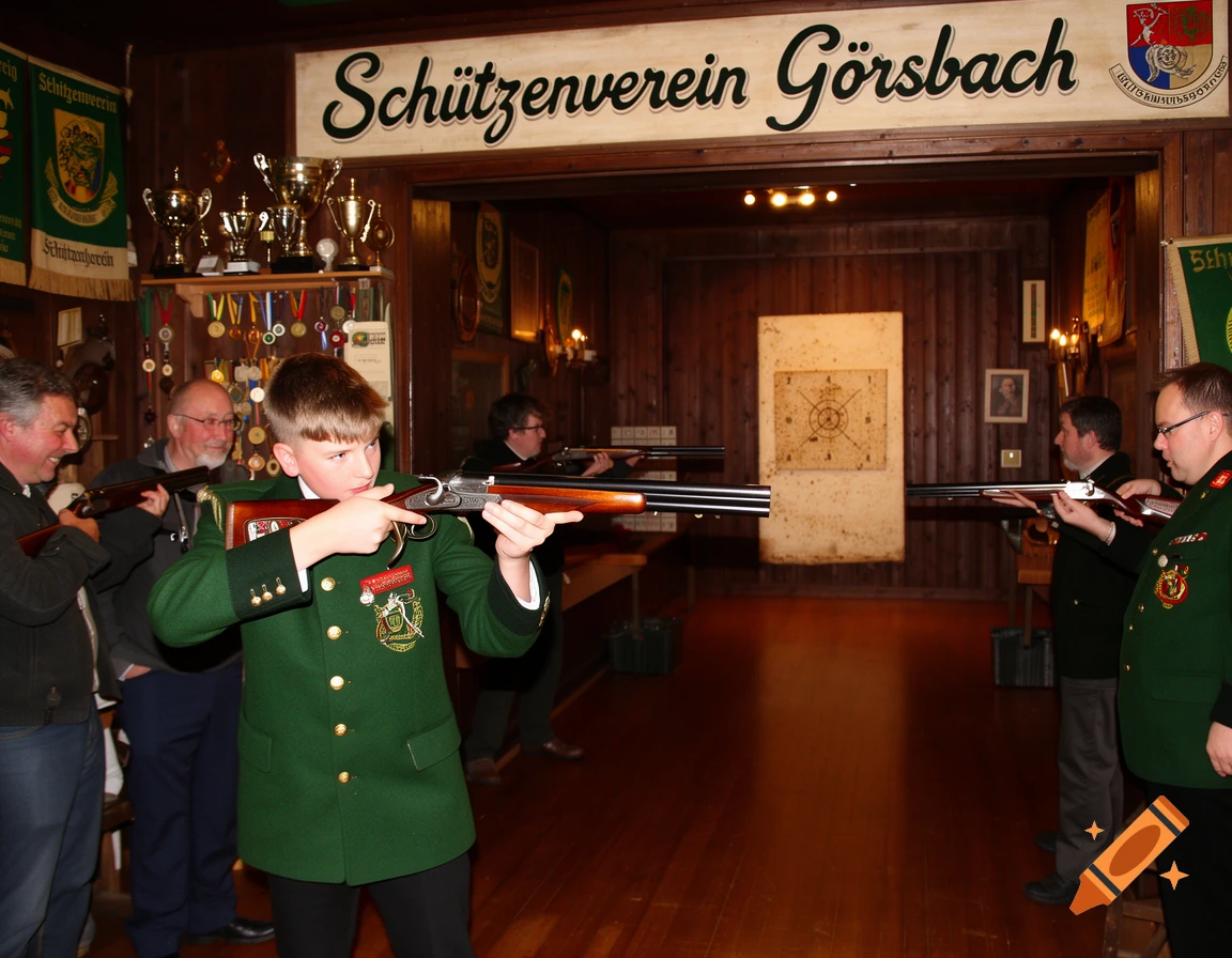 A young boy in a green uniform aims a rifle at a shooting range, with adults and a sign for 'Schützenverein Görsbach'.
