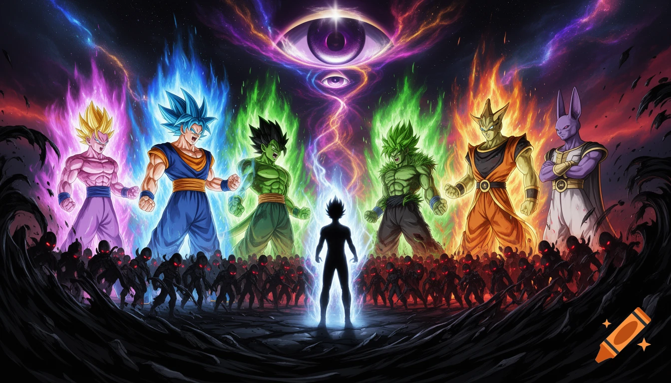 Anime characters with glowing auras, including Goku and Beerus, confront a shadowy army under a cosmic eye.