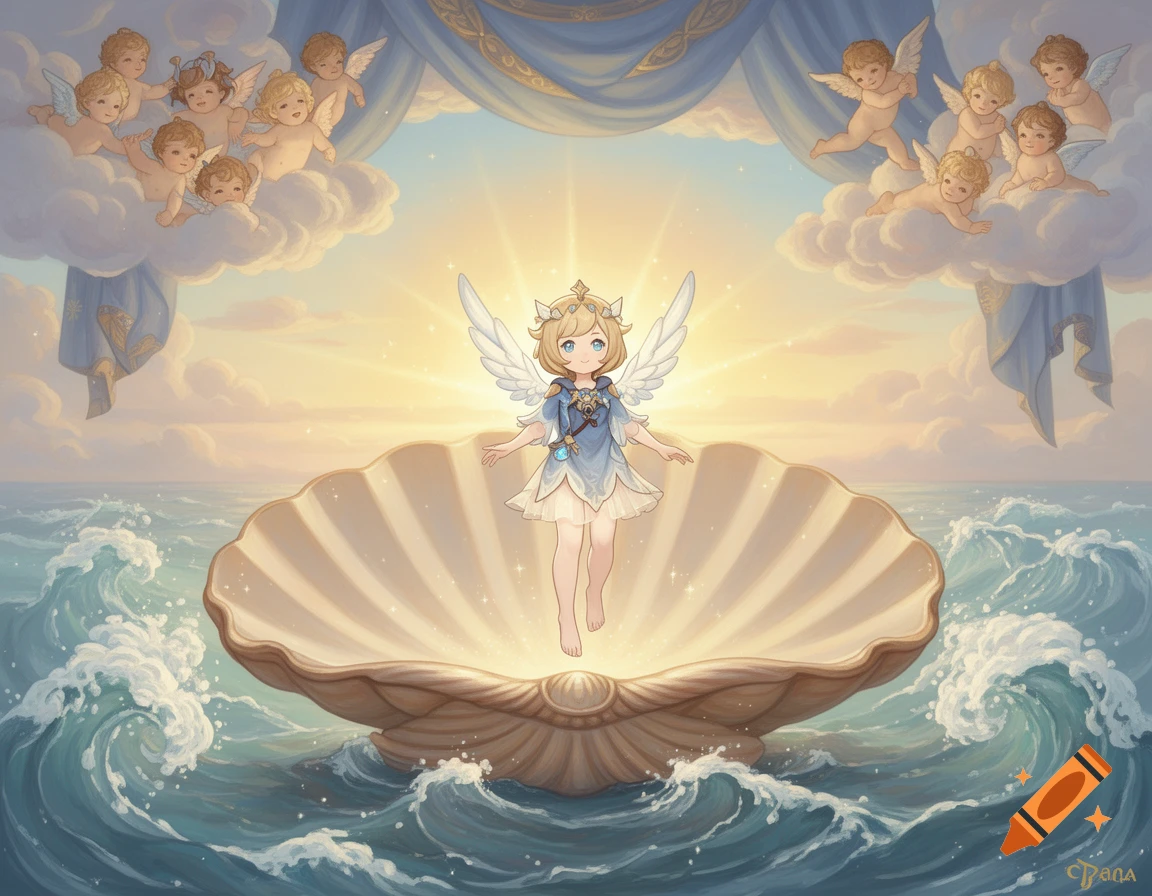 Anime character Paimon with wings emerges from a seashell on the ocean, with cherubs and drapes in the sky.