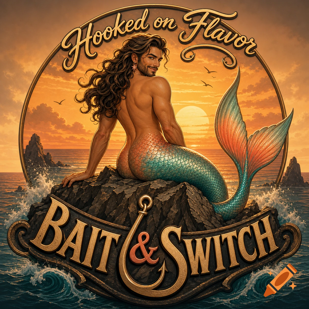 A stylized logo features a merman with long dark hair and a beard, sitting on a rock in the ocean at sunset, with text "Hooked on Flavor" and "BAIT & SWITCH".