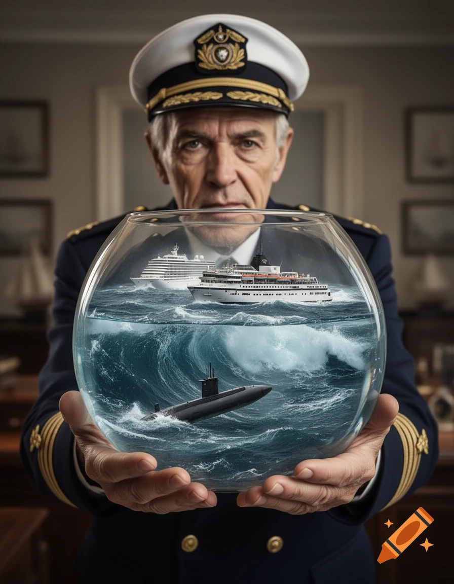 A serious captain in uniform holds a glass bowl containing a miniature stormy ocean with a submarine, a cruise ship, and a ferry.