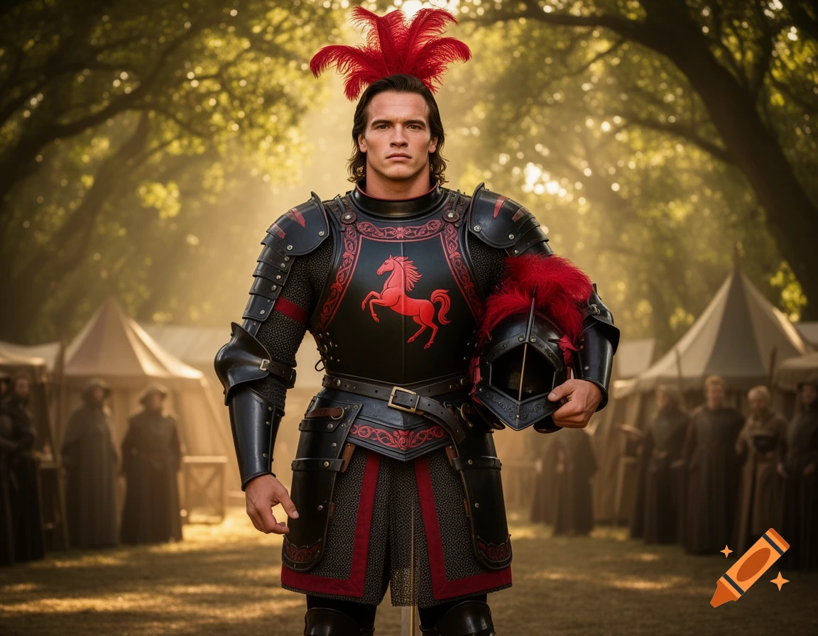 Young Arnold Schwarzenegger as a knight in black and red armor, holding a helmet, at a medieval encampment.