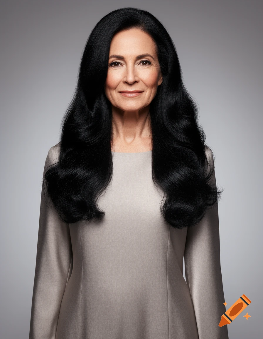 A photorealistic portrait of a smiling woman in her 50s with long, wavy black hair, wearing a light grey dress.
