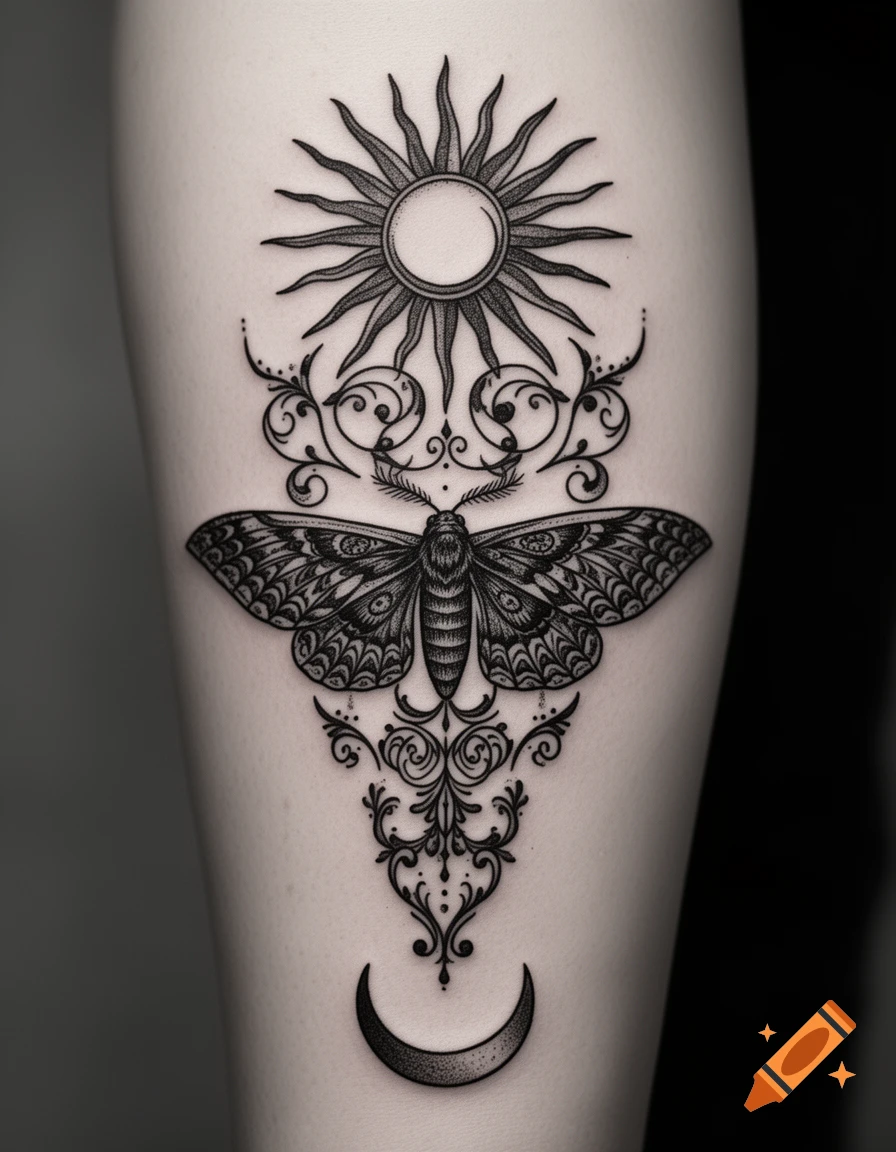 Detailed black and white tattoo featuring a sun, moth, ornate filigree, and crescent moon on a limb.