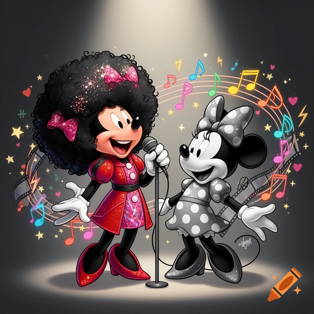 Cartoon Minnie Mouse singing with afro hair in a red sparkly dress next to a grayscale Minnie, with musical notes.