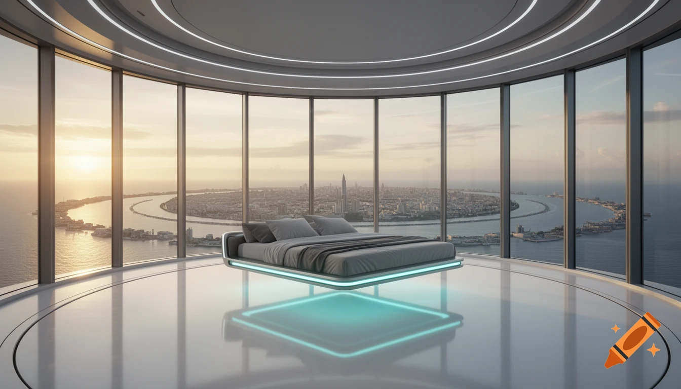 Futuristic luxury bedroom in a skyscraper with a floating bed and cyan lights, overlooking a city and ocean at sunrise.
