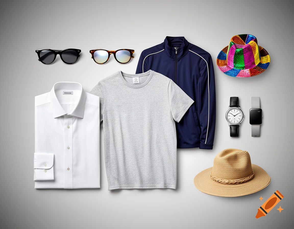 A flat lay of men's fashion items, including a white dress shirt, grey t-shirt, navy jacket, sunglasses, watches, and hats.