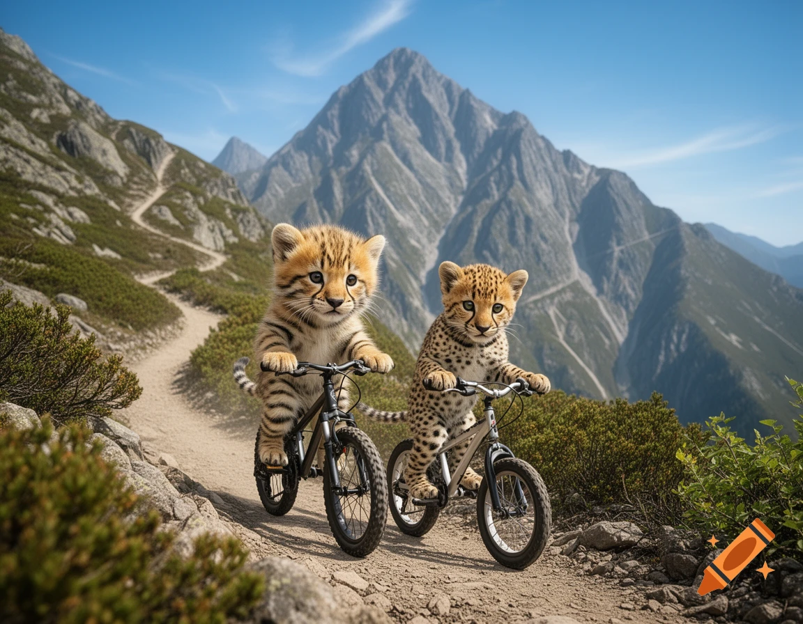 Photorealistic image of a tiger cub and a cheetah cub riding bicycles up a winding mountain path on a sunny day.