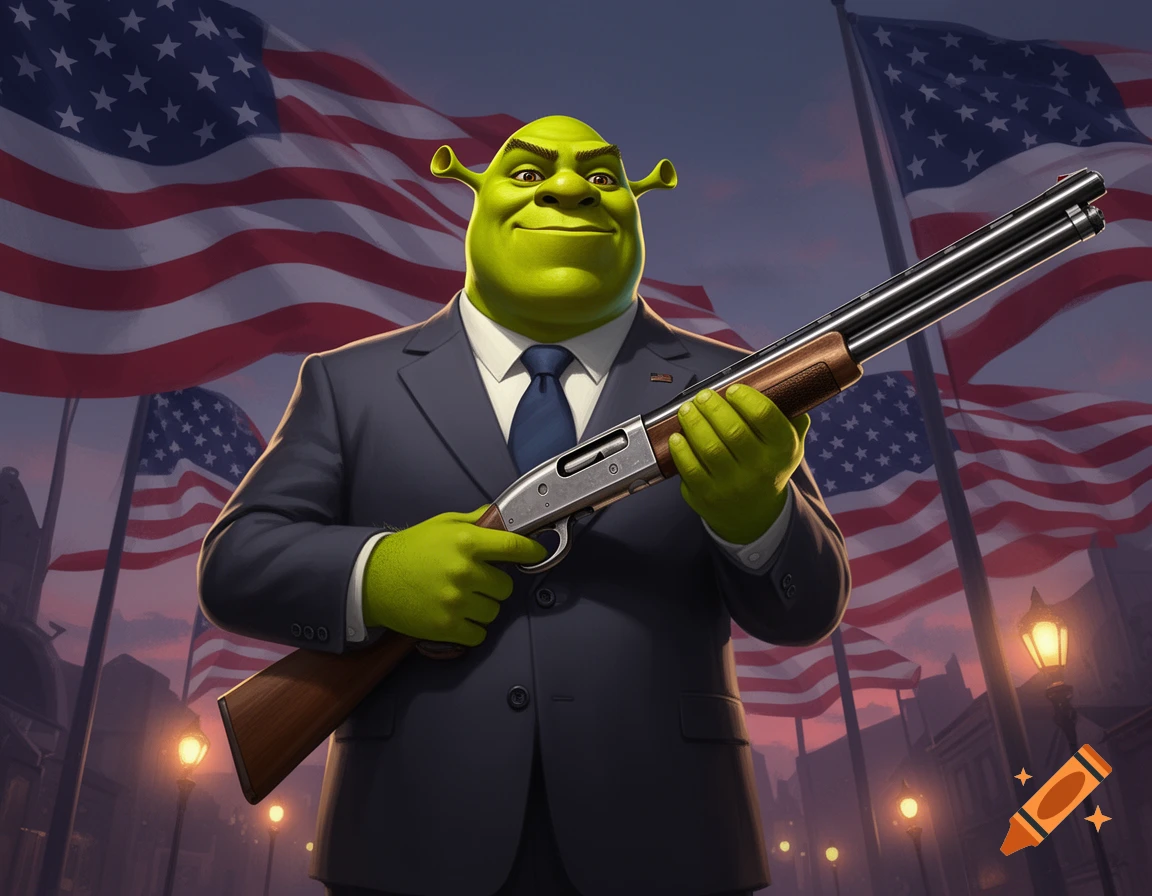 Shrek in a dark suit holds a shotgun against a backdrop of American flags and city lights.