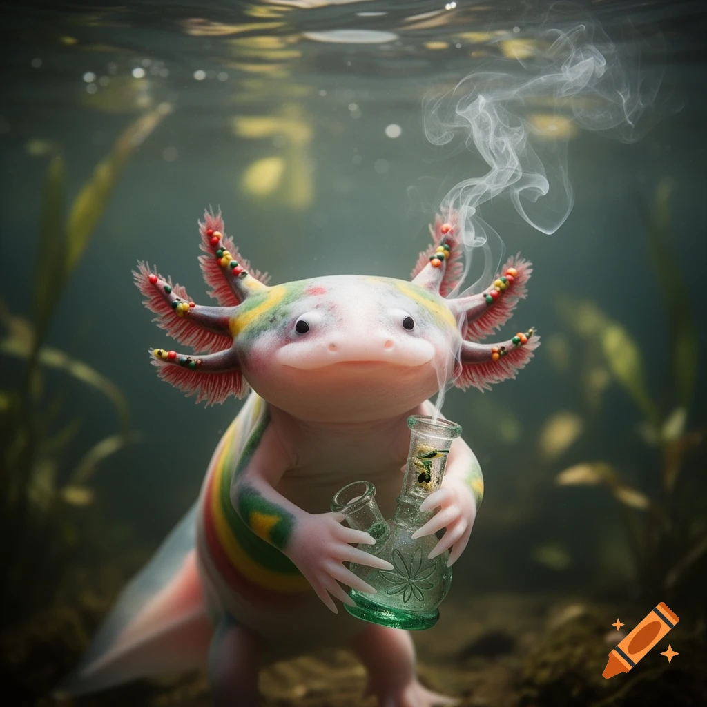 A colorful axolotl underwater holds a green glass bong, with smoke rising from it into the murky water.