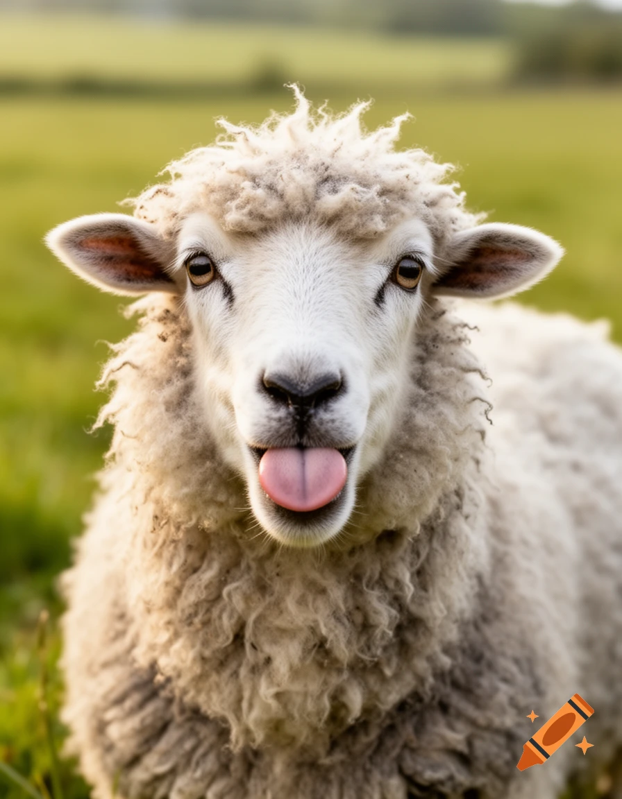 Photorealistic close-up portrait of a sheep sticking its tongue out in a green field.