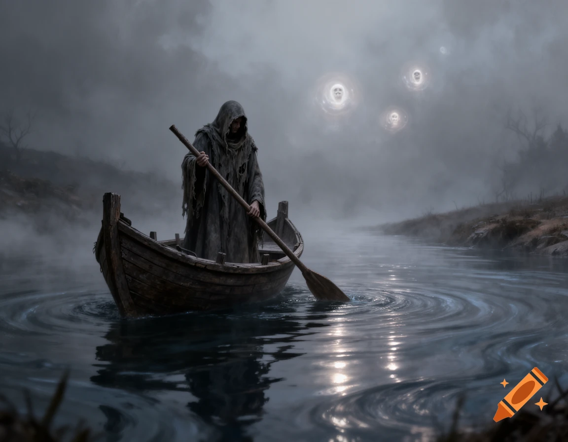 A cloaked figure rows a small wooden boat through a foggy, dark river with glowing, ghostly faces in the mist overhead.