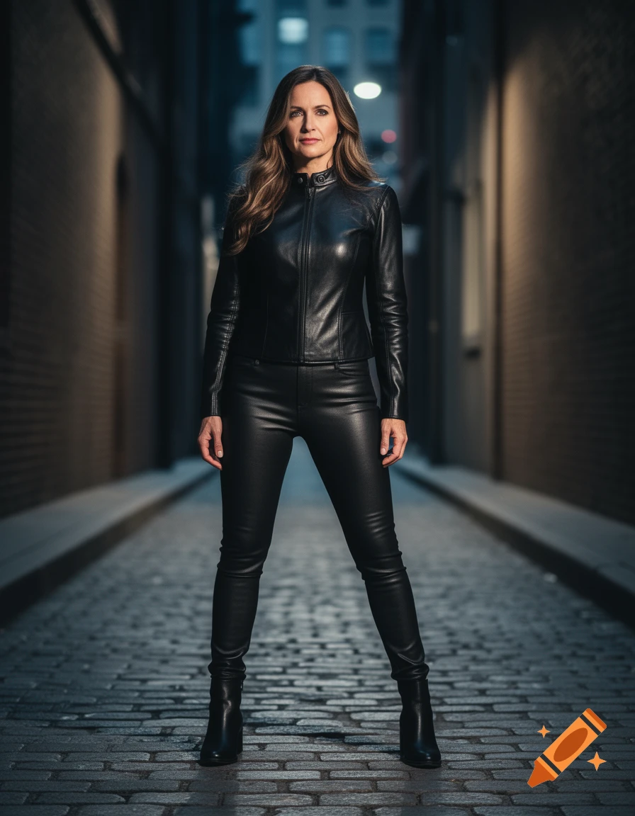 A woman in a black leather jacket, pants, and boots stands on a cobblestone street in a dark urban alley.