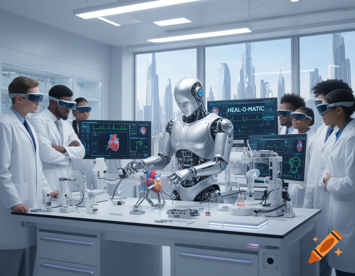 A photorealistic image of a robot interacting with a human heart model in a futuristic medical lab, observed by scientists in VR headsets.