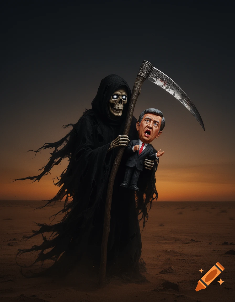 An ominous Grim Reaper in a desolate, sandy landscape holds a caricature of Donald Trump against a sunset sky.
