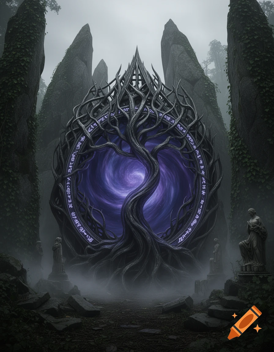 A dark fantasy portal, framed by a gnarled tree, glows purple in a misty, overgrown forest with ancient stone monoliths and statues.