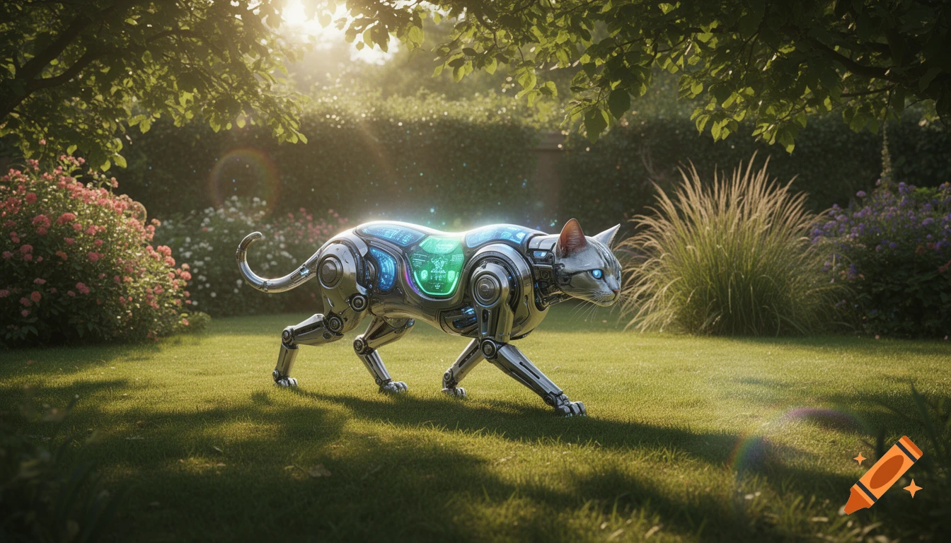 A sleek, metallic cybernetic cat with glowing blue and green panels prowls through a sunlit garden.