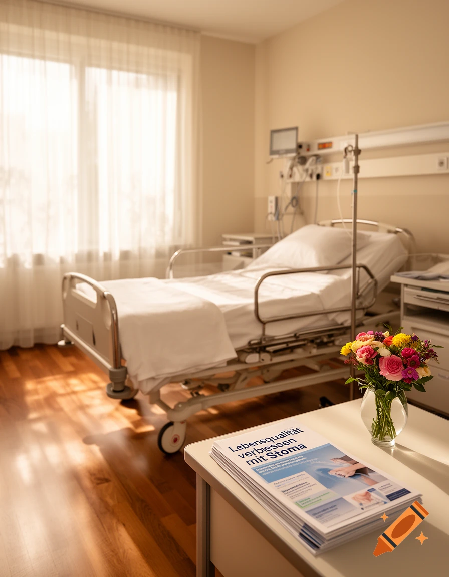 A clean hospital room with an empty bed, medical equipment, a window with sheer curtains, and a vase of colorful flowers on a table next to brochures.