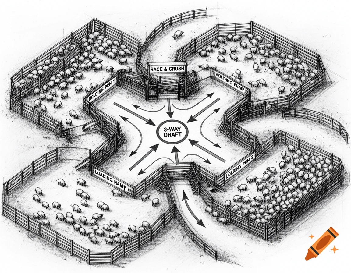 A bird's eye view sketch of a sheep yard layout with multiple holding pens, a loading ramp, and a three-way draft system. Several sheep are scattered throughout the pens.