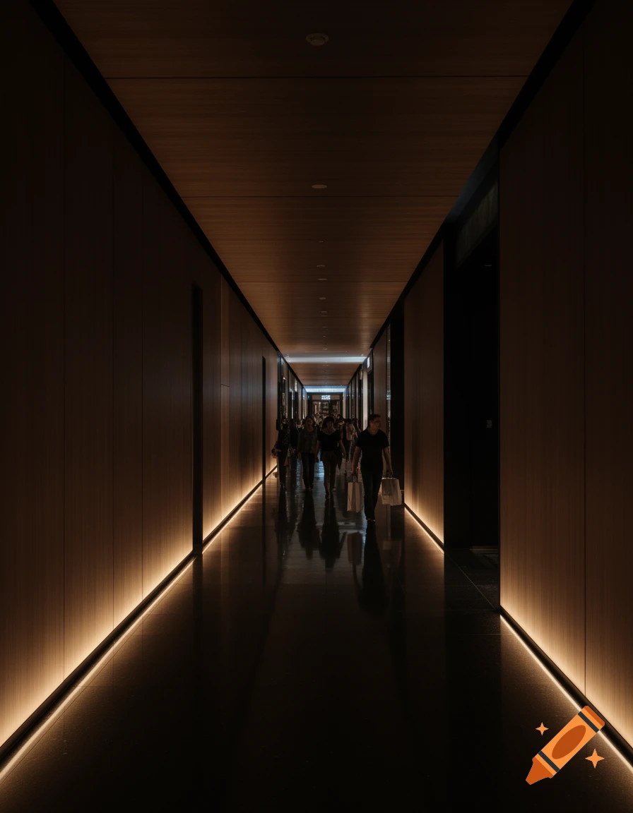 A dark, moody hallway with wood paneling and glowing strip lighting along the floor, where several indistinct figures walk towards a brighter end.