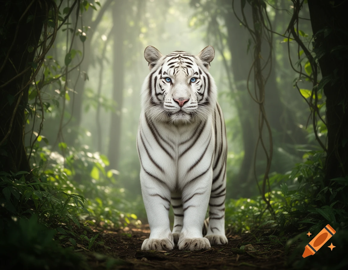 A white tiger with striking blue eyes stands facing forward on a jungle path surrounded by lush green foliage and misty light.