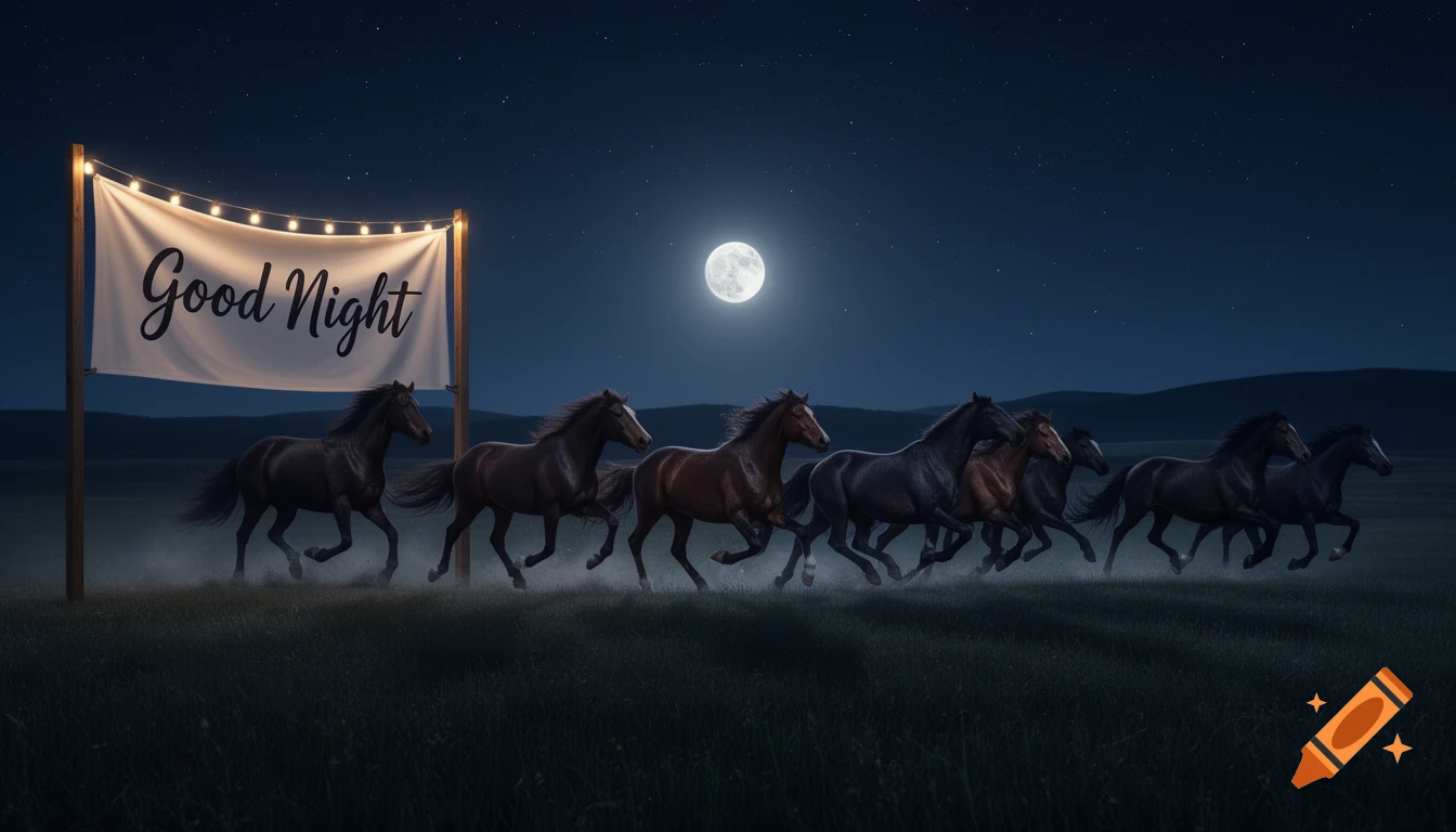 A herd of horses runs across a grassy field at night under a full moon, past a banner reading 'Good Night', in a photorealistic style.