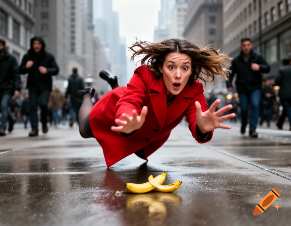 A woman in a red coat with a surprised expression falls on a wet city street after slipping on a banana peel, with blurred pedestrians in the background. Photorealistic style.