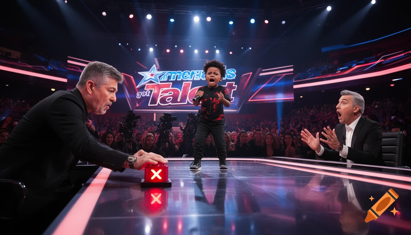 A small child shouts into a microphone on a talent show stage as a judge presses a red buzzer and another judge looks shocked. The "America's Got Talent" logo is on the screen behind them.