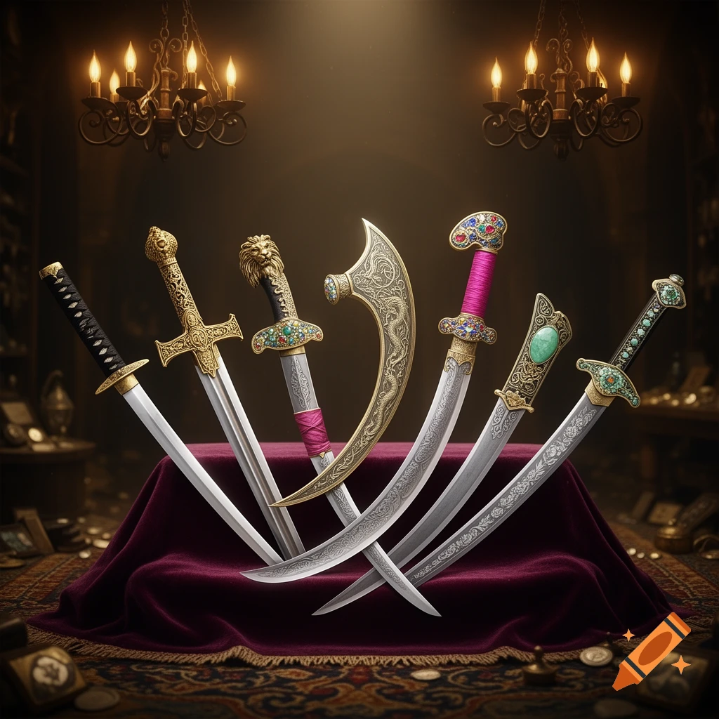 Six ornate, antique-style swords with jeweled hilts and intricate blade designs, standing on a velvet cloth in a dimly lit, luxurious room.