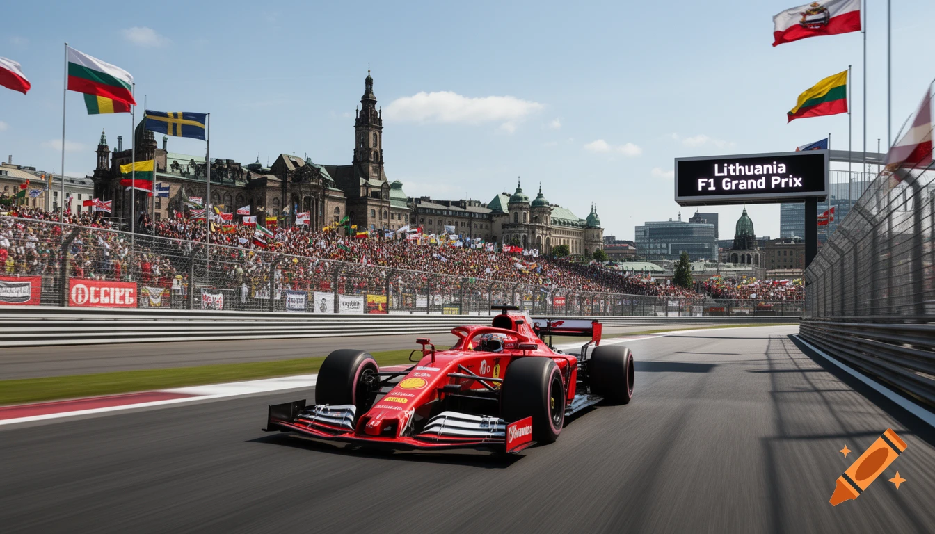 Red F1 car speeds on a track past crowded grandstands, flags, and historic buildings under a clear sky, labeled 'Lithuania F1 Grand Prix'.