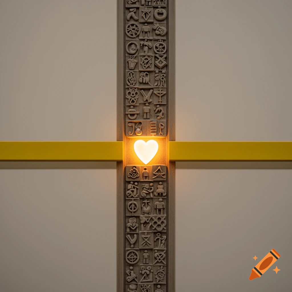 A vertical gray panel covered in small symbols, intersected by a yellow bar. A glowing white heart illuminates the intersection.