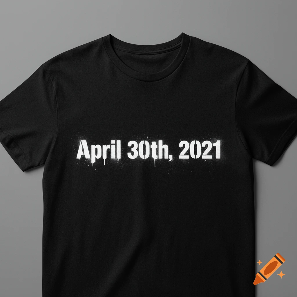 Black t-shirt with 'April 30th, 2021' printed in a white, drippy stencil font.