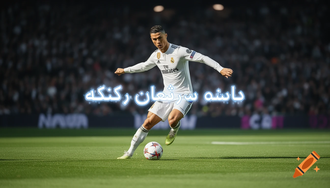Photorealistic image of Cristiano Ronaldo dribbling a soccer ball on a grass field in a stadium, with glowing blue text overlaid.